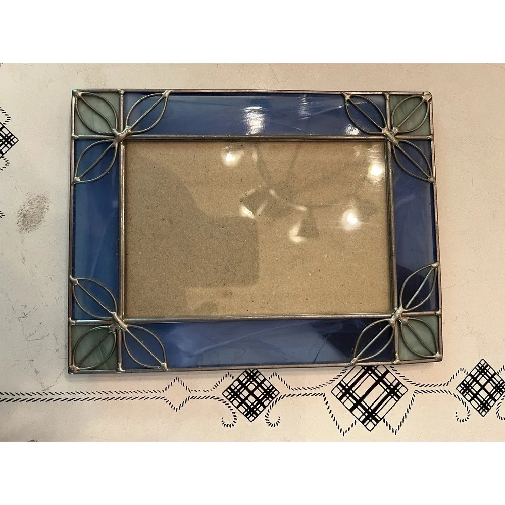 Stained Glass Metal Photo Frame in Shades of Blue Green Holds 4x6 Leaves